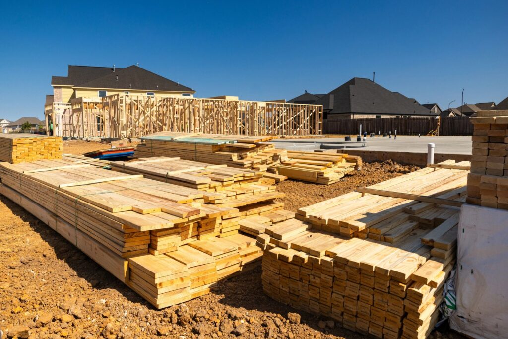 Wide Shot of Framing Timber Piled Beside New Concrete Foundation